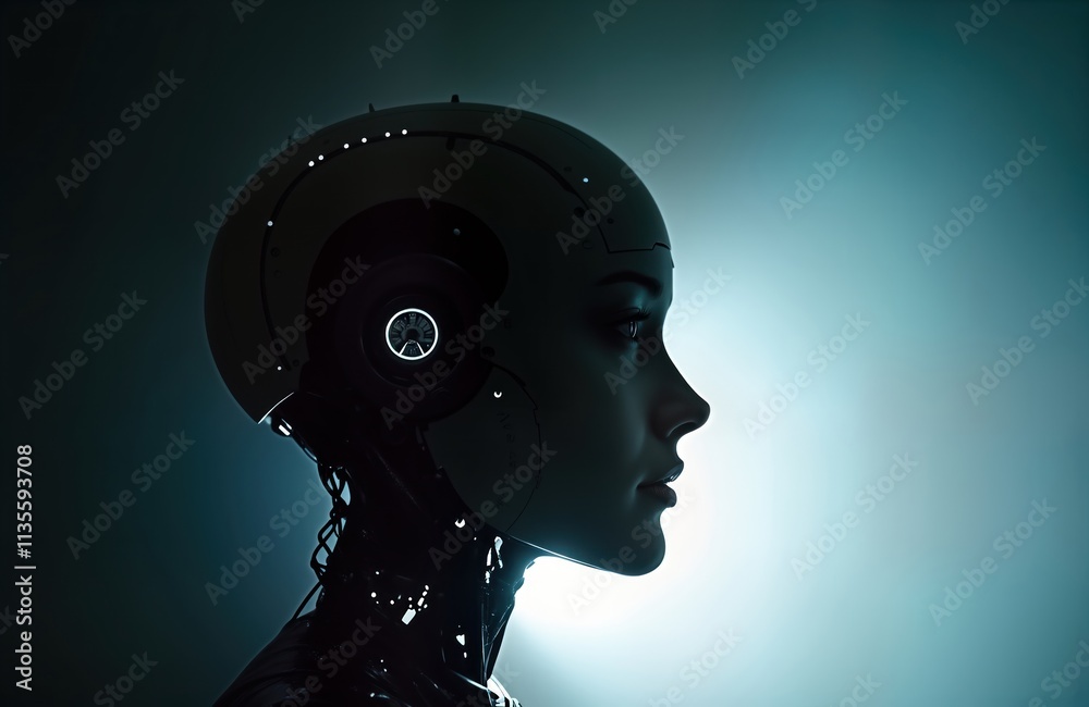 Poster futuristic robot head profile shot. dark background highlights mechanical design. silhouette shows a