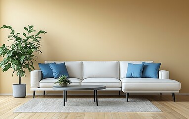 Modern living room interior with white sectional sofa, coffee table, plant, and rug against a mustard yellow wall.