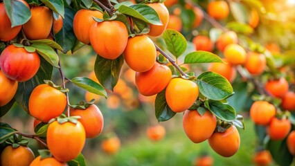 Ripe persimmons, ready to be picked and enjoyed, persimmon, fruit, autumn, harvest, organic, healthy, fresh, orange, delicious, seasonal