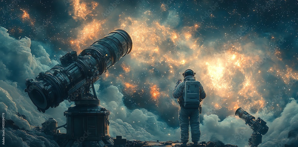 Poster astronaut observing a cosmic scene with telescopes amidst clouds and stars.