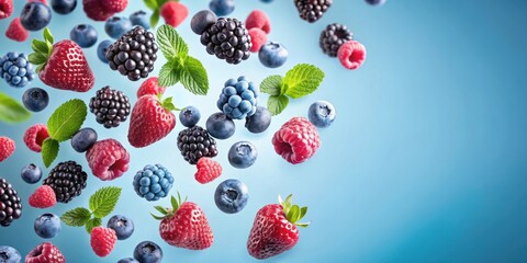 Falling raspberries, blackberries and blueberries on a light blue background, berries, raspberries, blackberries, blueberries