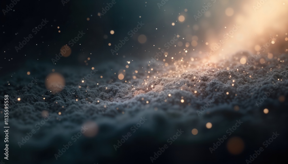Poster Mysterious abstract background features floating particles, soft bokeh lights against dark grey, black backdrop. Smooth light, shadow blend creates ethereal dreamy atmosphere. Illumination, glow add