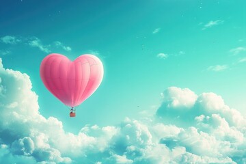 Obraz premium Romantic Heart-Shaped Hot Air Balloon Floating in a Clear Blue Sky Surrounded by Soft White Clouds During a Beautiful Day of Adventure and Love