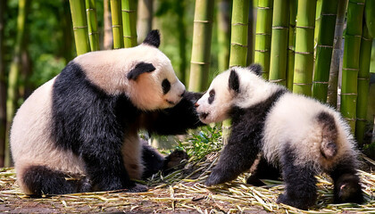 Fototapeta premium Playful Panda Cubs Frolic Under Mother’s Watchful Eyes