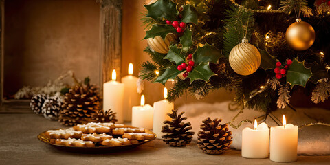 Christmas Tree Candles Cookies Pinecones Festive Holiday Scene