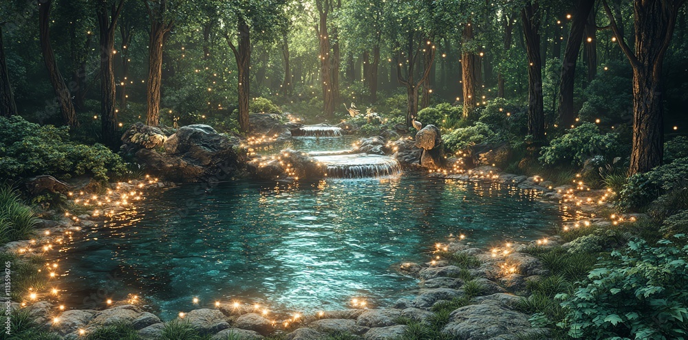 Aufkleber a serene forest scene with waterfalls and glowing lights around a tranquil pool.