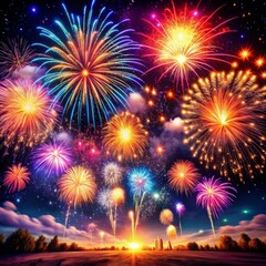 Fototapeta premium Beautiful blue and pink fireworks display lights up the sky with dazzling display during new year