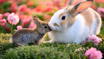 Tender Moments: Mother Rabbit and Baby in a Blossoming Meadow