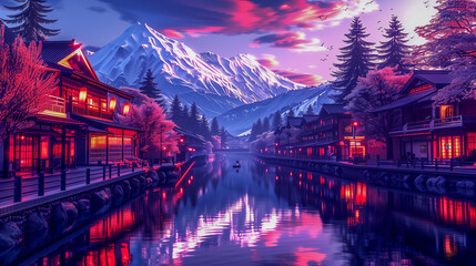 Fototapeta premium Japanese Canal Village at Twilight with Snowy Peaks..