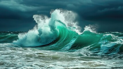 Powerful Ocean Wave Crashing against Shore under Dark Storm Clouds