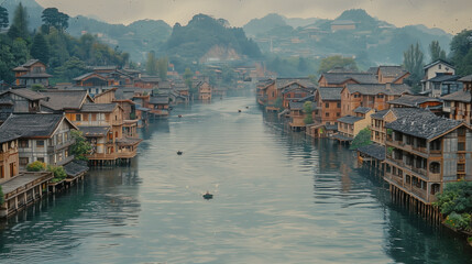 Naklejka premium Traditional Riverside Village with Wooden Houses..