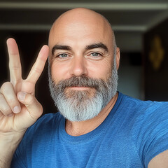 Confident Bald Man with Greying Beard Giving Peace Sign