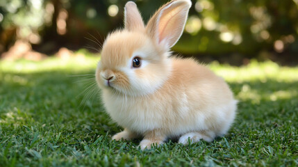 Fototapeta premium Adorable fluffy bunny rabbit sitting on green grass in sunlight.