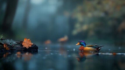 A colorful male Mandarin duck glides through a misty pond surrounded by autumn leaves.