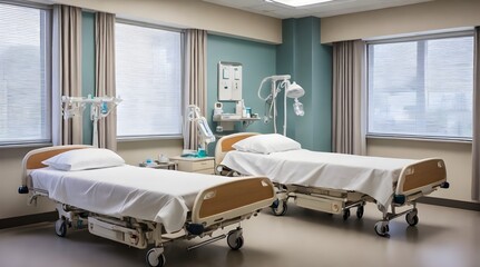 A hospital room featuring two beds neatly made up.generative.ai