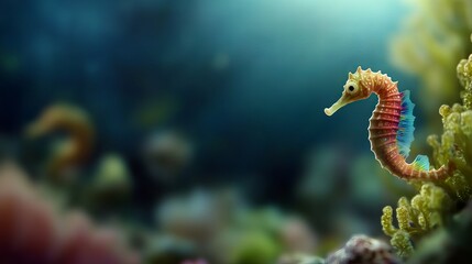 A vibrant seahorse swimming gracefully among colorful corals in a serene underwater scene.