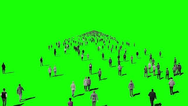 3D animation of a crowd of people walking down the street to visualize the visual effects of the chroma key green screen