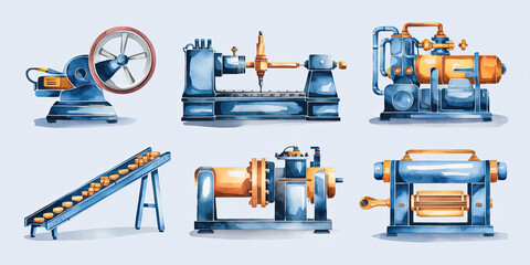 Industrial Machinery Watercolor Factory Equipment Manufacturing Process Conveyor Belt Vintage