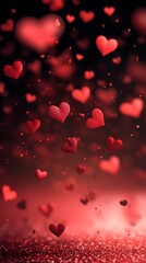Red Hearts Falling on Glittering Surface