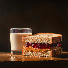 Oil Painting of Peanut Butter and Jelly Sandwich with Glass of Milk