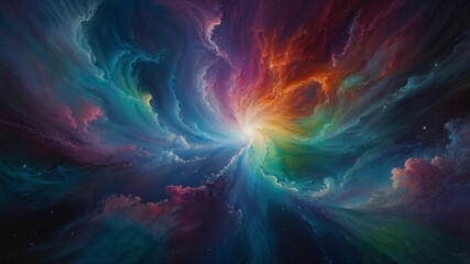 A mesmerizing digital painting in an abstract style, showcasing a vivid cosmic scene. The artwork features swirling galaxies, radiant nebulas.