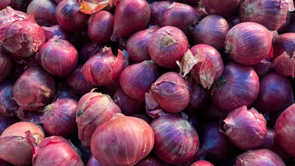 Fresh and raw vegetables the market. Fresh potatoes, bel peppers, tomatoes, zucchini, eggplant and green beans for sale at vegetable market, close up. Organic vegetables at local market.	