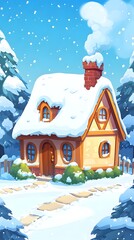 Naklejka premium A Cozy Snow Covered Cottage In A Winter Wonderland