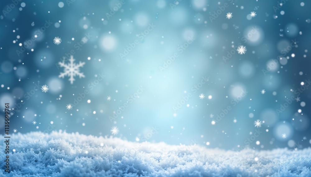 Poster soft winter scene shows snowflakes falling on soft blue gradient background. snowy ground creates co