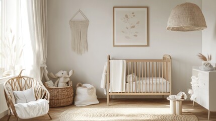 Serene Nursery Design: Minimalist Baby Room Decor with Neutral Tones and Natural Textures