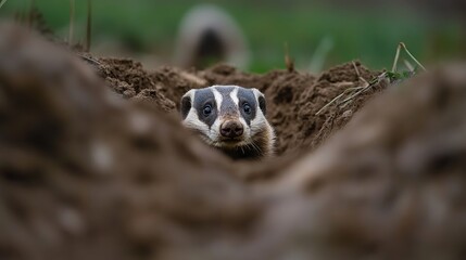 A curious badger peeks out from its burrow, surrounded by earthy tones and natural textures.