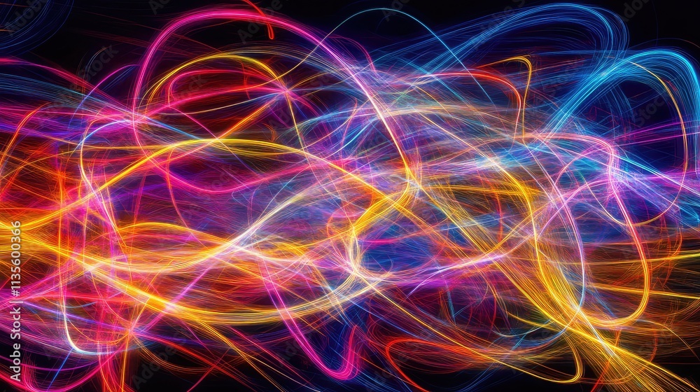 Poster colorful light trails creating abstract patterns in dark background