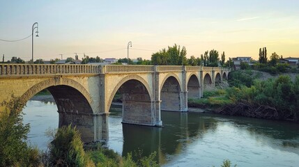 Fototapeta premium Stone Arch Bridge Spanning River at Sunset