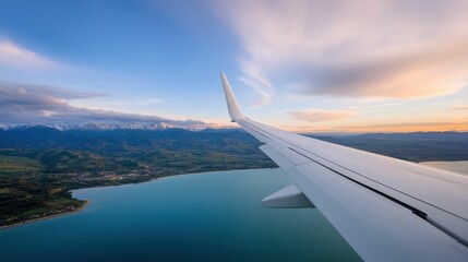 Obraz premium A white airplane wing is flying over a body of water
