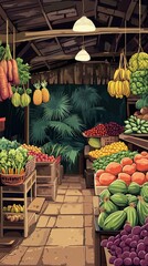 Vibrant Tropical Fruit And Vegetable Market Stall