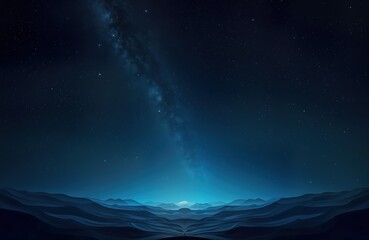 Vast night sky with celestial nebula. Dark blue mountains stretch across horizon. Peaceful cosmic landscape. Deep space scene with glowing light. Stunning starry night. Stunning view from space.