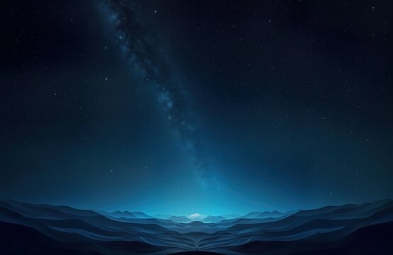 Vast night sky with celestial nebula. Dark blue mountains stretch across horizon. Peaceful cosmic landscape. Deep space scene with glowing light. Stunning starry night. Stunning view from space.