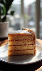 Close-up of a slice of layered vanilla cake, light buttercream frosting,  on a plate, natural light,  delicious dessert, bakery, food photography, sweet treat.