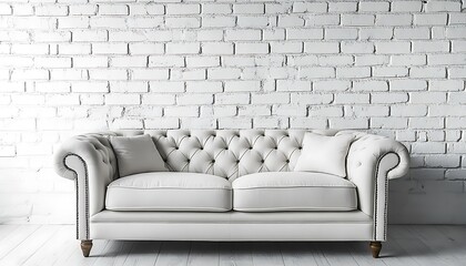White Chesterfield sofa against white brick wall.