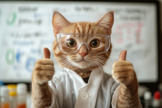 Ginger cat scientist gives a thumbs up wearing safety goggles and lab coat, a fun and humorous image
