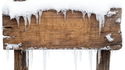 Rustic Wooden Sign Covered in Snow and Ice 