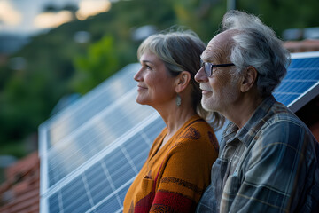 Naklejka premium Senior Couple Admiring Their Rooftop Solar Installation, Sustainable Electricity Resource, Solar Cell Powered Clean Energy Photography