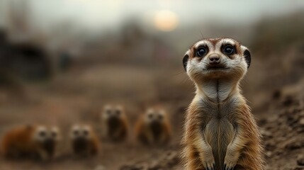 Fototapeta premium A curious meerkat stands alert, surrounded by its group in a blurred natural setting, capturing a moment of wildlife intrigue.