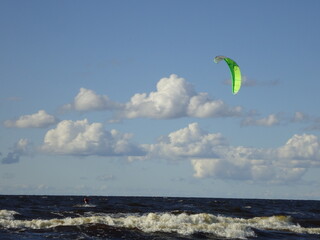 Kite surfing on the sea, the Gulf of Riga