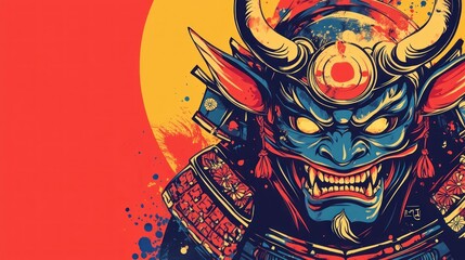 Fierce Oni Samurai Mask Artistic Colorful Design