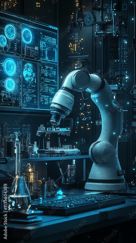 Aufkleber a robotic arm working in a high-tech laboratory filled with scientific equipment and screens.