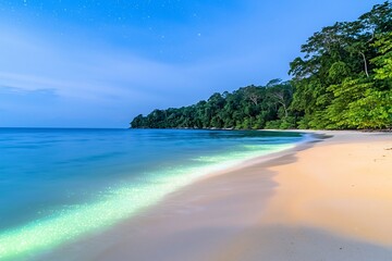 Enchanting Bioluminescent Beach with Glowing Waves  Lush Tropical Foliage  and Starry Night Sky