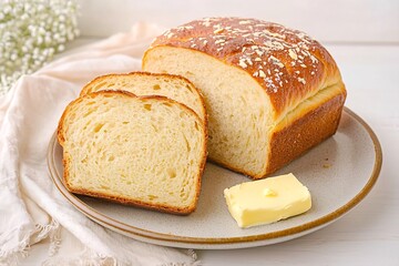 Freshly Baked Homemade Brioche Bread Slices Arranged on Ceramic Plate with Creamy Butter in Bright Minimalist Kitchen