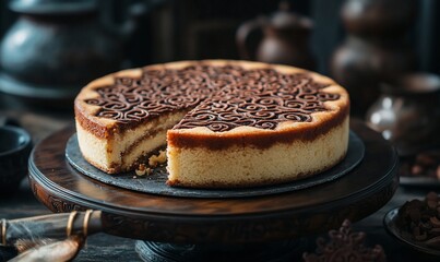 Delicious chocolate swirl cake on a wooden stand, a slice removed.