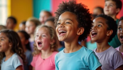 Diverse children sing joyfully in choir. Colorful backdrop creates vibrant ambiance. Kids show happiness, enthusiasm during practice. Community school performance likely. Harmony among multicultural