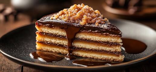 Delicious chocolate walnut layered cake slice.